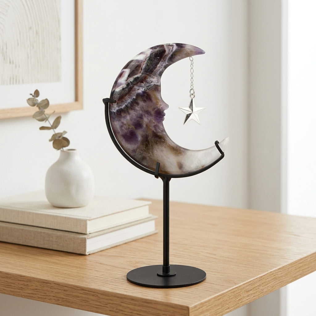 Raw Amethyst Moon Sculpture with Star | Hand-Polished