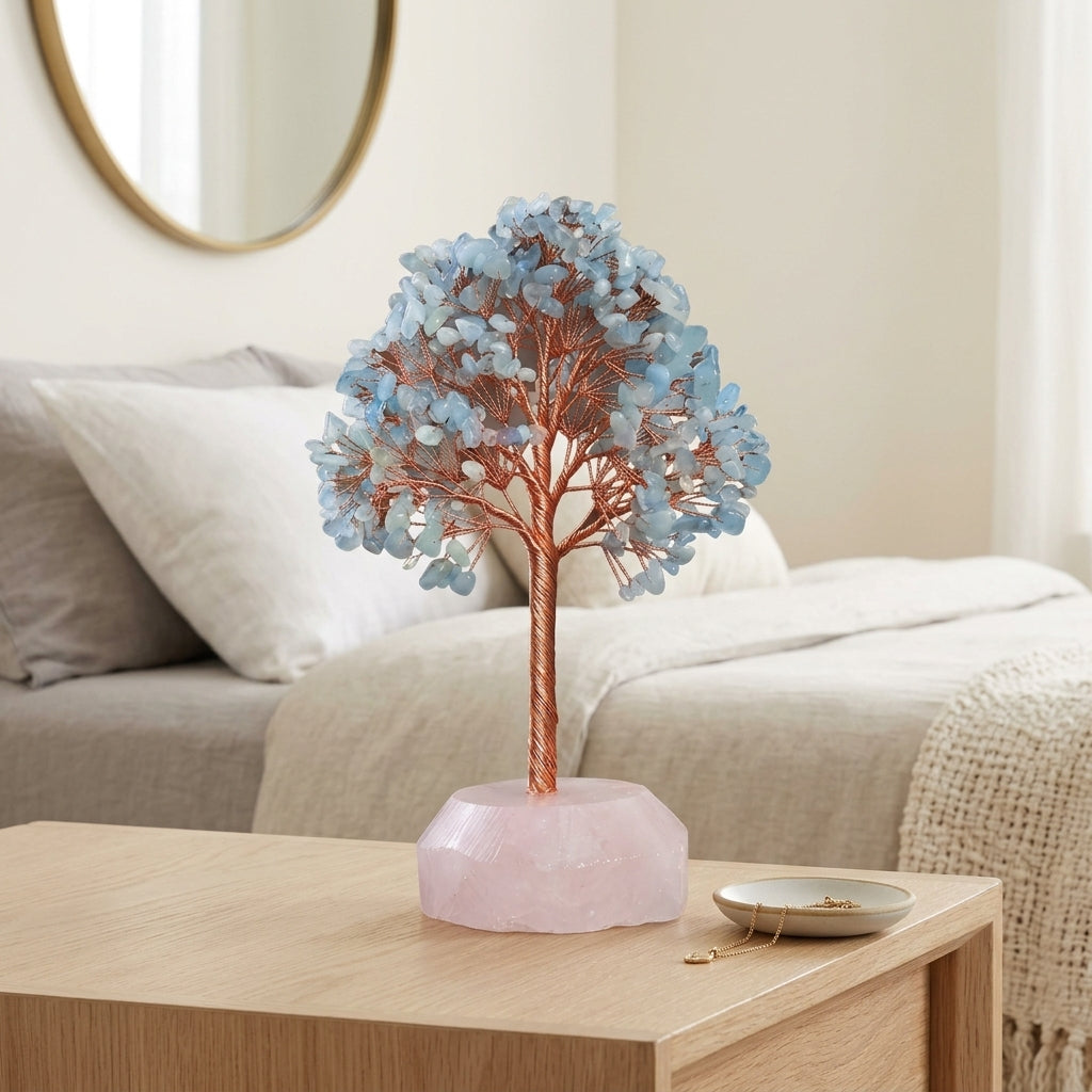 Aquamarine Crystal Tree with Rose Quartz Base | Calm Communication