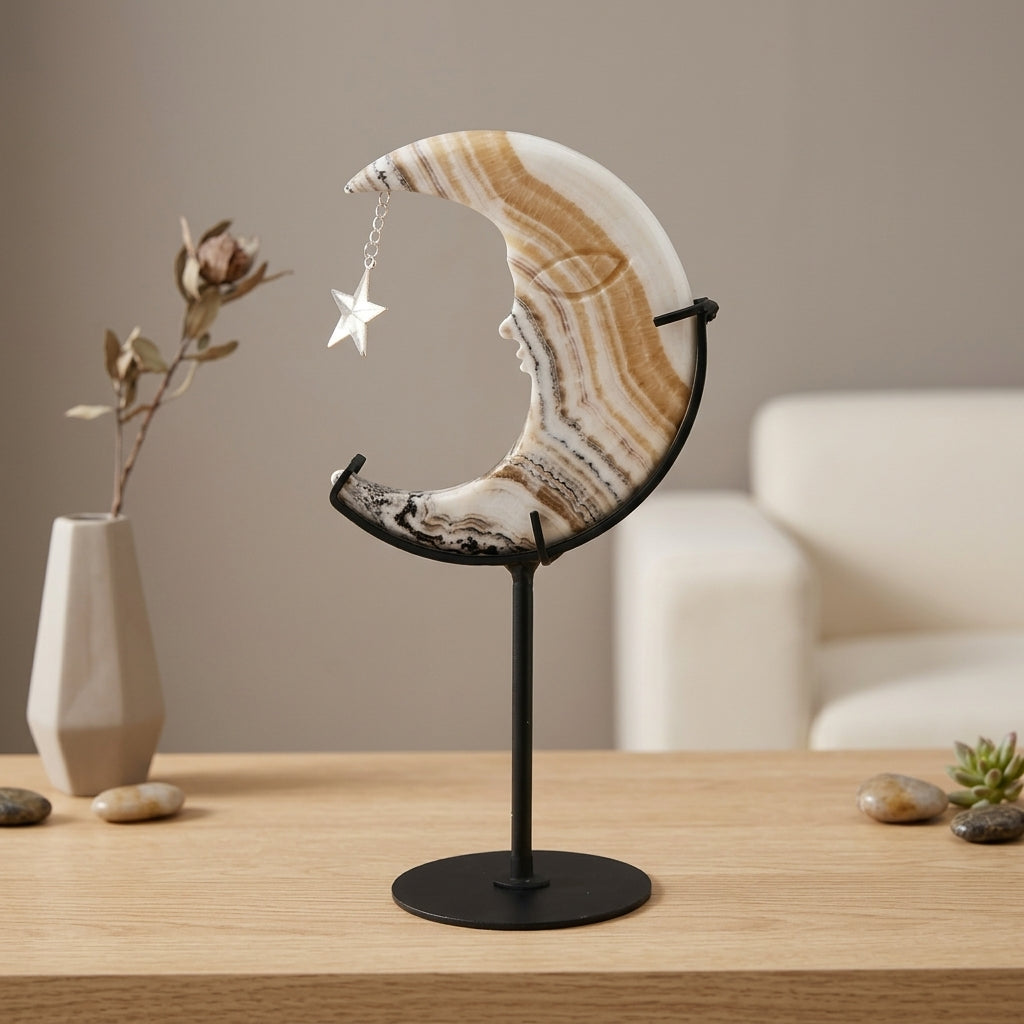 Banded Agate Moon Sculpture with Star | Cut from Raw Stone