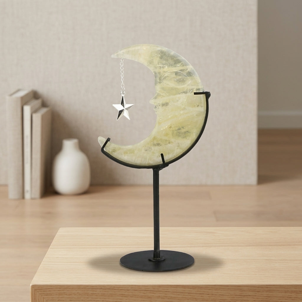 Yellow Quartz Moon Sculpture with Star | Cut from Raw Stone