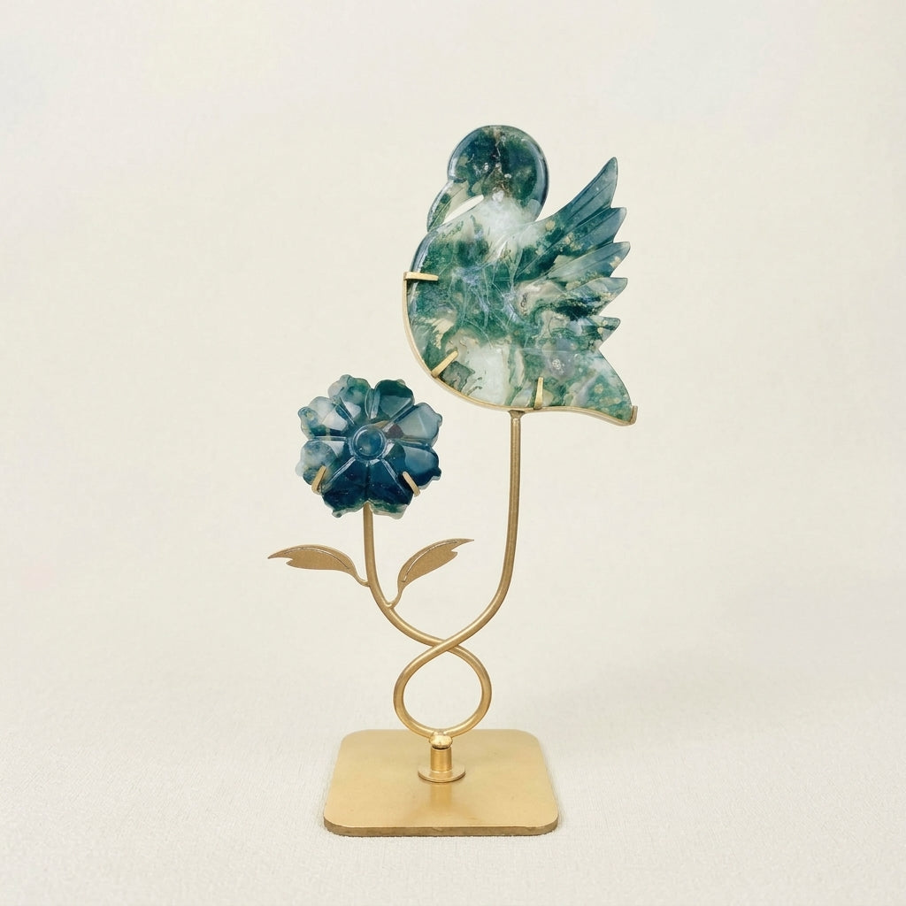 Moss Agate Bird & Flower Sculpture | Nature & Renewal