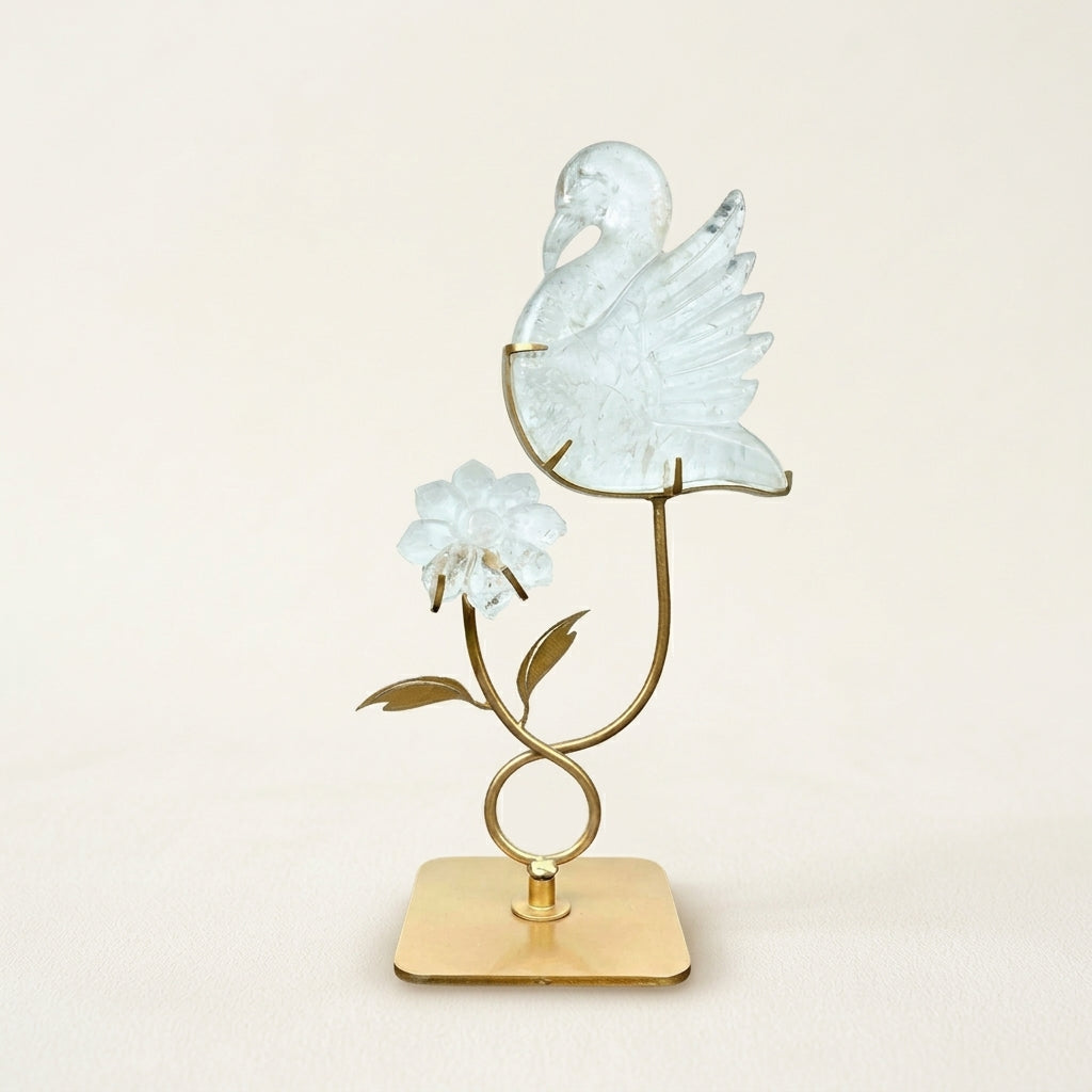 Clear Quartz Bird & Flower Sculpture | Clarity & New Beginnings