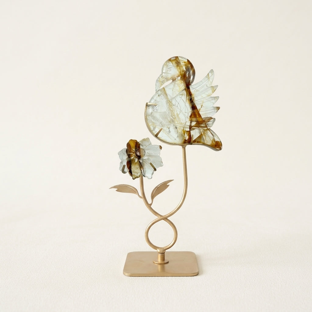 Golden Hematoid Quartz Bird & Flower Sculpture | Warmth & Energy