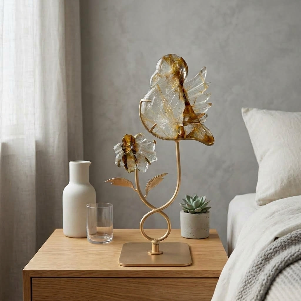 Golden Hematoid Quartz Bird & Flower Sculpture | Warmth & Energy