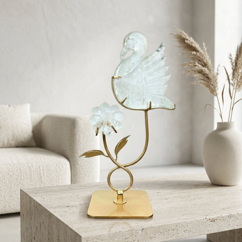 Clear Quartz Bird & Flower Sculpture | Clarity & New Beginnings