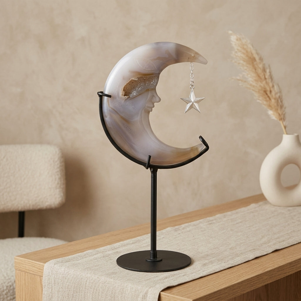 Agate Geode Moon Sculpture with Star | Cut from Raw Stone